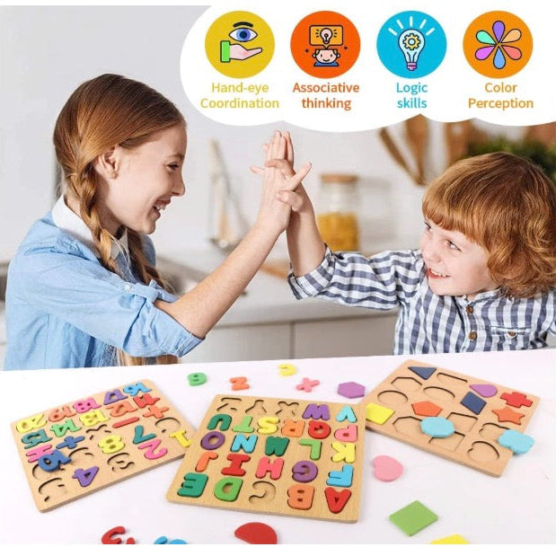 Wooden Learning Educational Board for Kids | Alphabets, Numbers & Shapes Puzzle Toy | Montessori Cognitive Toy for 2+ Years (Unisex)