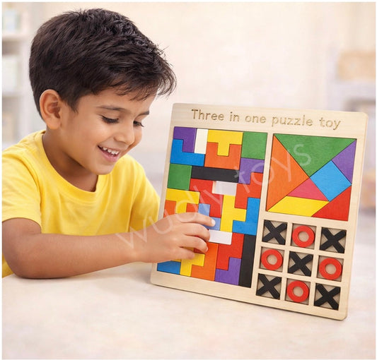 3-in-1 Wooden Puzzle Toy for Kids | Tetris, Tangram & Tic Tac Toe Board | Montessori Educational Brain Development Game for 3–7 Years Boys & Girls