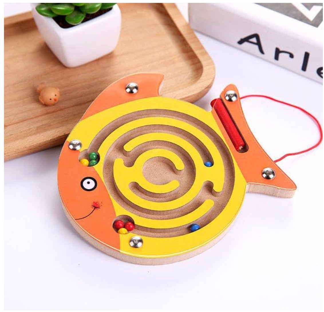 Magnetic Maze Puzzle Game (Fish Theme) | Wooden Bead Maze Board with Magnetic Pen for Kids