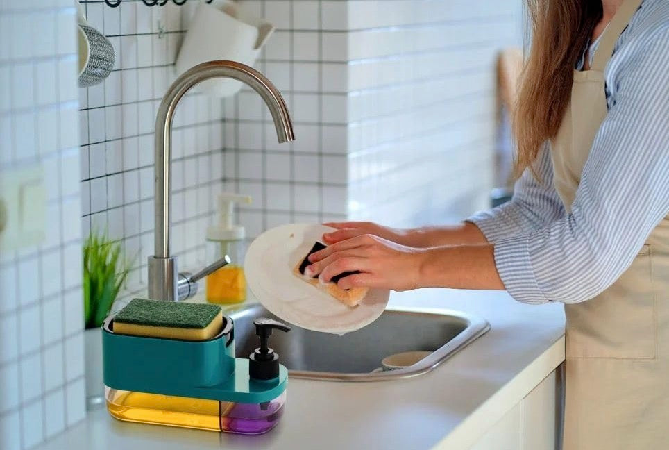 3-in-1 Soap Pump Dispenser with Sponge Holder | Dish Soap Liquid Dispenser for Kitchen & Bathroom | Multi-Colour Plastic Design