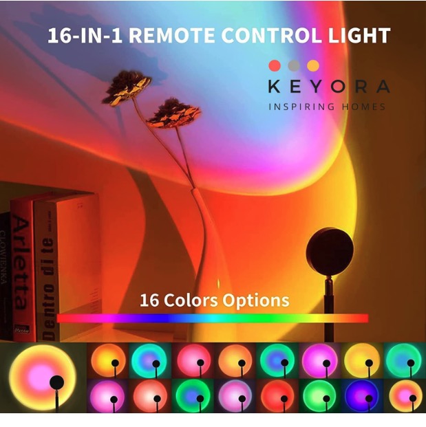 16-Color Sunset Lamp Projector with Remote | 360° Rotating LED Night Light for Bedroom, Parties & Photography