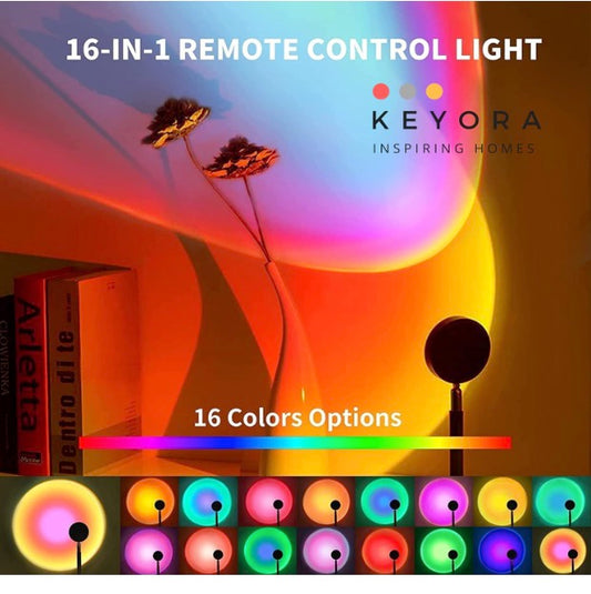 16-Color Sunset Lamp Projector with Remote | 360° Rotating LED Night Light for Bedroom, Parties & Photography