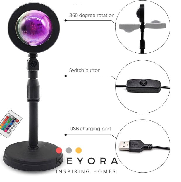16-Color Sunset Lamp Projector with Remote | 360° Rotating LED Night Light for Bedroom, Parties & Photography