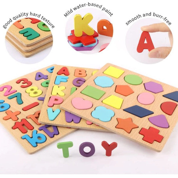 Wooden Learning Educational Board for Kids | Alphabets, Numbers & Shapes Puzzle Toy | Montessori Cognitive Toy for 2+ Years (Unisex)