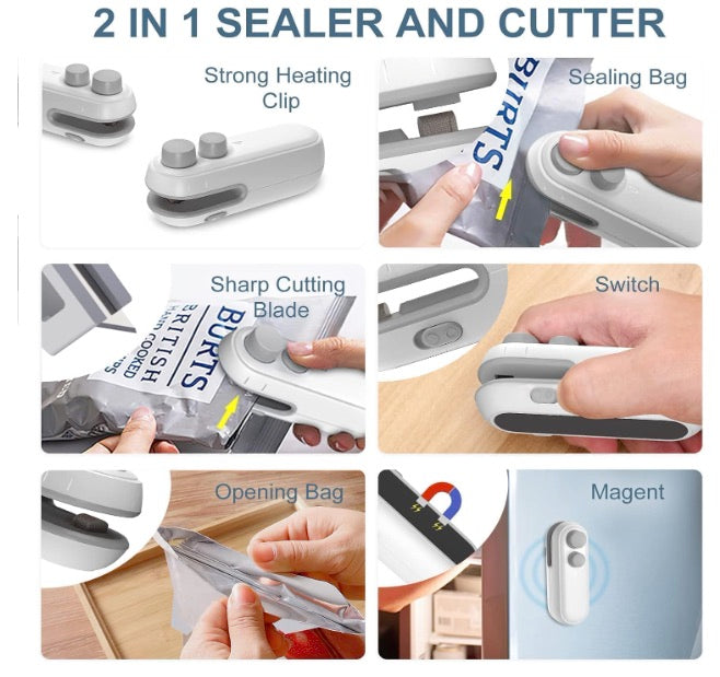 Portable Mini Sealing Machine with Cutter | 2-in-1 Rechargeable Heat Sealer for Food, Snacks & Chips | Airtight Storage & Freshness Preserver