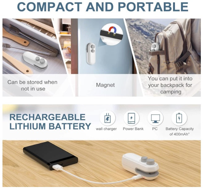 Portable Mini Sealing Machine with Cutter | 2-in-1 Rechargeable Heat Sealer for Food, Snacks & Chips | Airtight Storage & Freshness Preserver