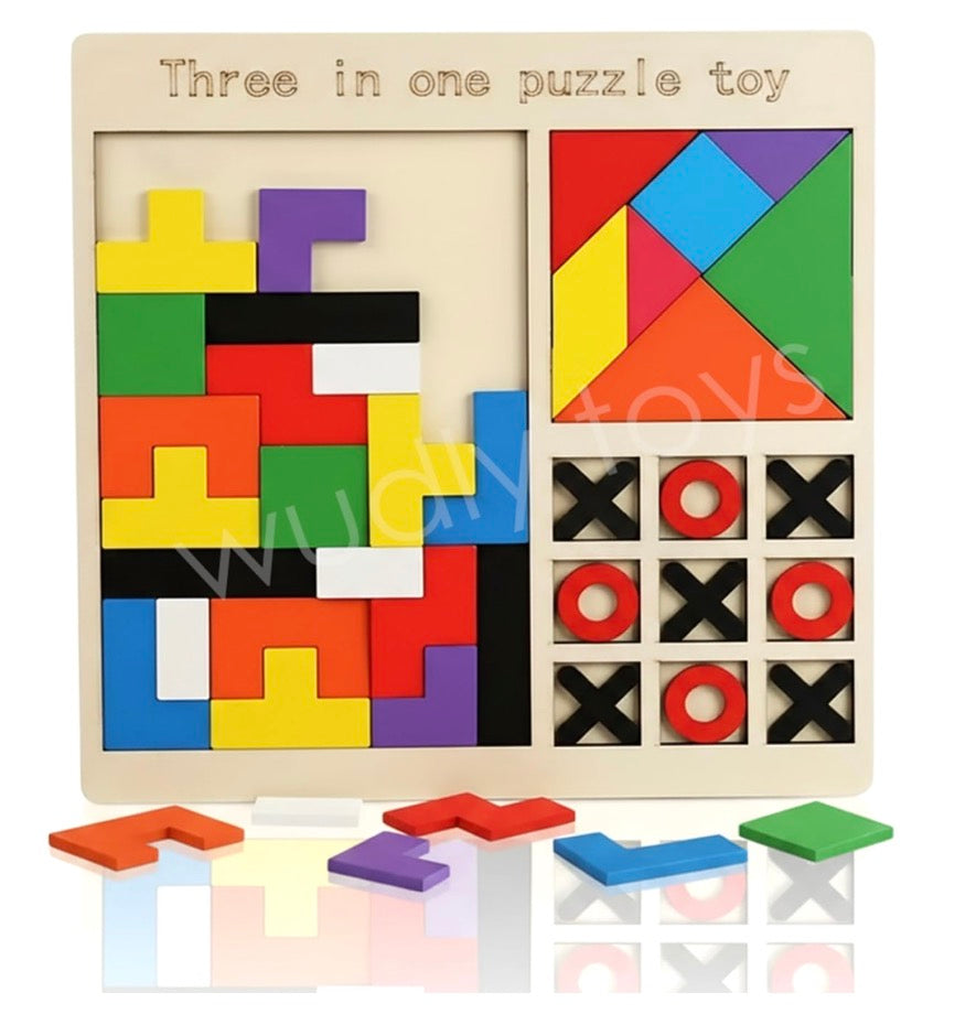 3-in-1 Wooden Puzzle Toy for Kids | Tetris, Tangram & Tic Tac Toe Board | Montessori Educational Brain Development Game for 3–7 Years Boys & Girls