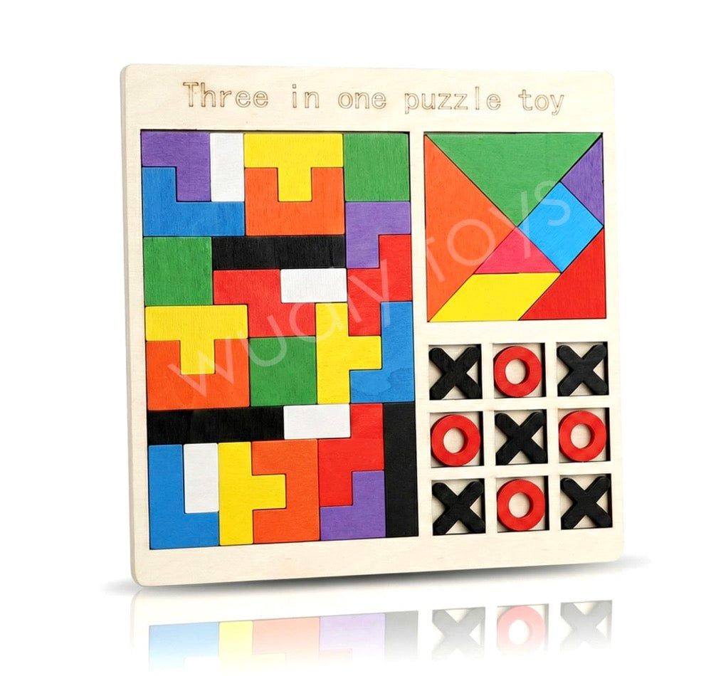 3-in-1 Wooden Puzzle Toy for Kids | Tetris, Tangram & Tic Tac Toe Board | Montessori Educational Brain Development Game for 3–7 Years Boys & Girls
