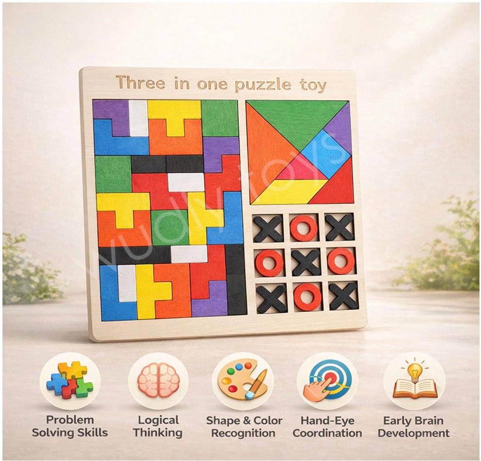 3-in-1 Wooden Puzzle Toy for Kids | Tetris, Tangram & Tic Tac Toe Board | Montessori Educational Brain Development Game for 3–7 Years Boys & Girls