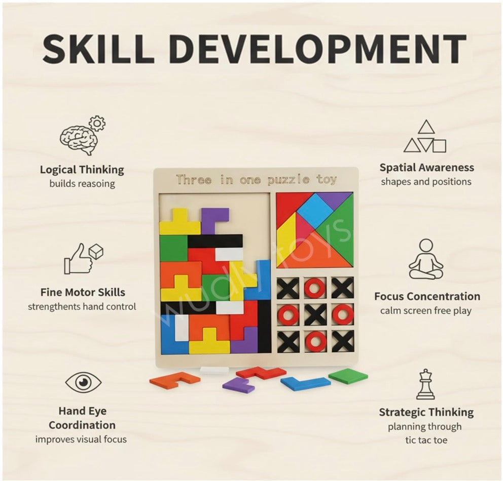 3-in-1 Wooden Puzzle Toy for Kids | Tetris, Tangram & Tic Tac Toe Board | Montessori Educational Brain Development Game for 3–7 Years Boys & Girls