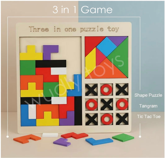 3-in-1 Wooden Puzzle Toy for Kids | Tetris, Tangram & Tic Tac Toe Board | Montessori Educational Brain Development Game for 3–7 Years Boys & Girls
