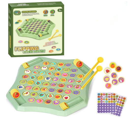 Flipping Chess Match Game for Kids – Montessori Memory Matching Board Game | Animal & Fruit Theme Puzzle with Chips & Sticks | Parent-Child Educational Toy for Ages 3+