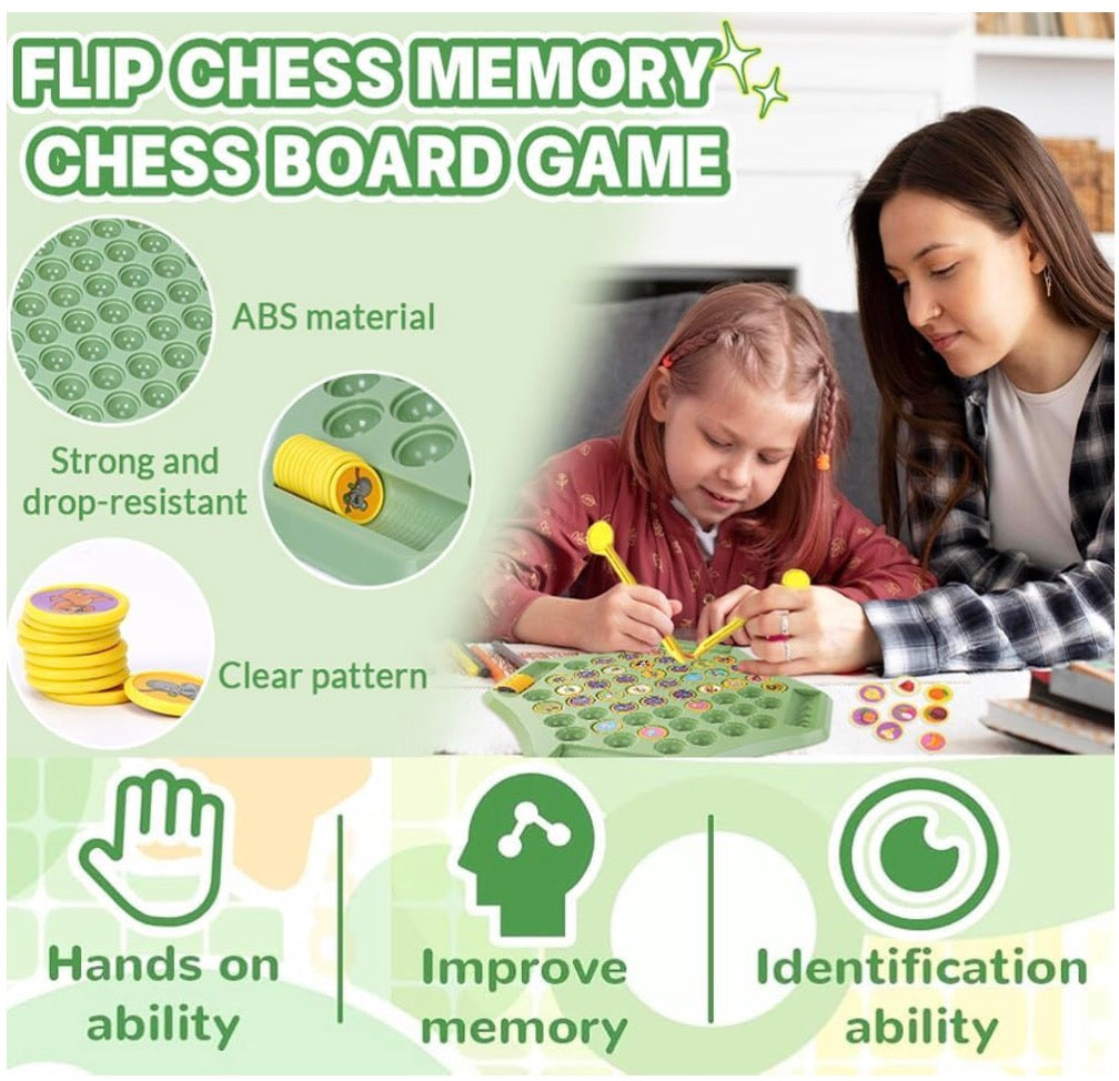 Flipping Chess Match Game for Kids – Montessori Memory Matching Board Game | Animal & Fruit Theme Puzzle with Chips & Sticks | Parent-Child Educational Toy for Ages 3+