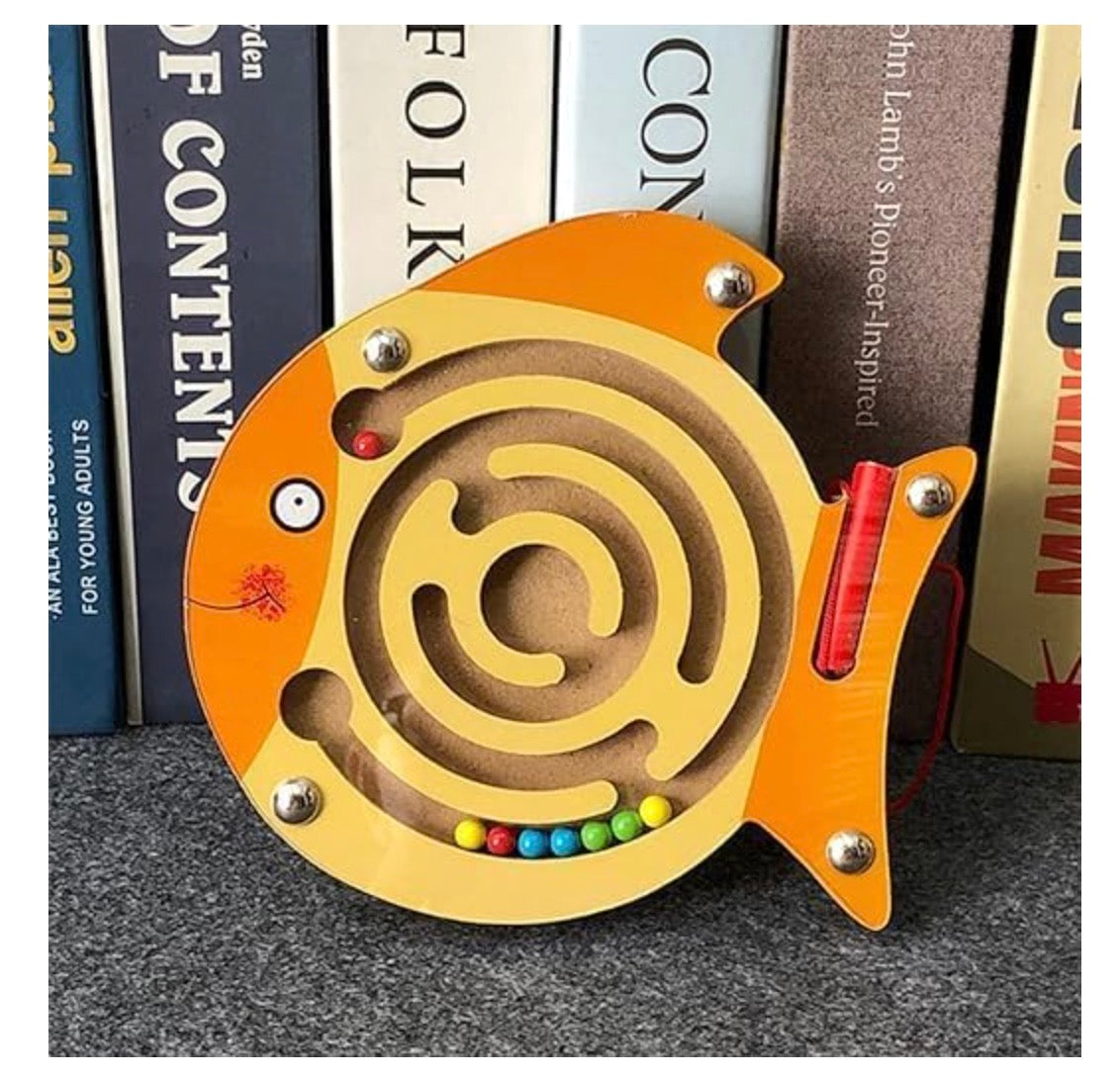 Magnetic Maze Puzzle Game (Fish Theme) | Wooden Bead Maze Board with Magnetic Pen for Kids