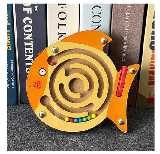 Magnetic Maze Puzzle Game (Fish Theme) | Wooden Bead Maze Board with Magnetic Pen for Kids