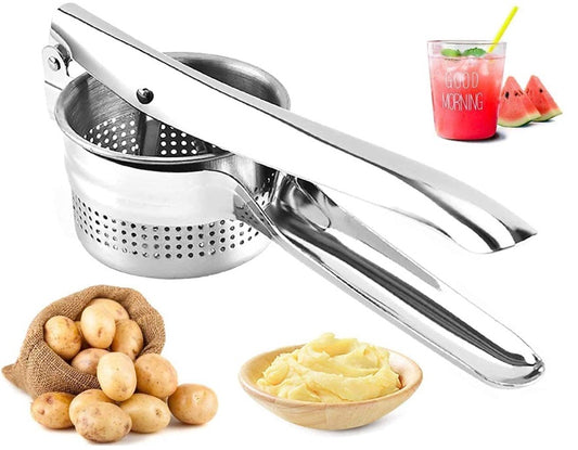 Stainless Steel Potato Masher & Hand Press Juicer | Manual Fruit & Vegetable Masher for Potatoes, Fruits, Vegetables & Baby Food (Silver)