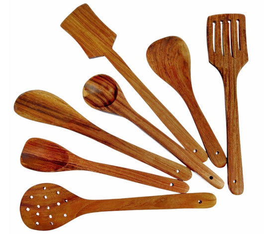 Natural Wooden Cooking Spoon Set (7 Pcs) | Non-Stick Safe Kitchen Utensils for Frying, Serving, Rice, Chapati & Desserts