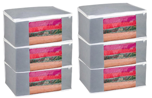 Saree Cover with Zip (Pack of 6) | Non-Woven Clothes Storage Organizer with Transparent Window for Saree, Suit & Lehenga – Grey