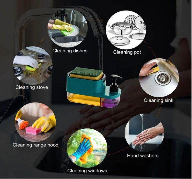 3-in-1 Soap Pump Dispenser with Sponge Holder | Dish Soap Liquid Dispenser for Kitchen & Bathroom | Multi-Colour Plastic Design