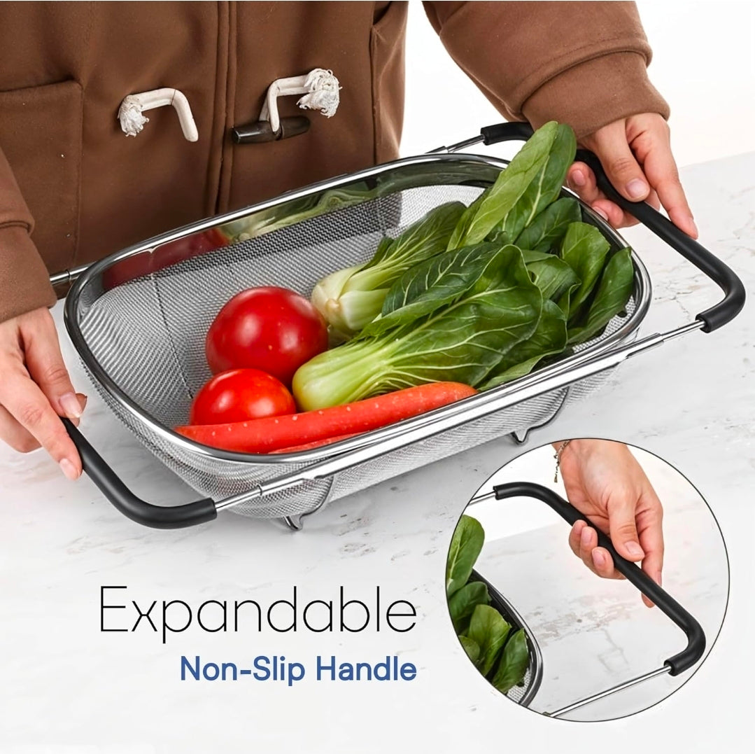 Fine Mesh Stainless Steel Over-the-Sink Colander with Expandable Grip Handles | Fruit & Vegetable Washing Basket | Kitchen Food Strainer – Silver