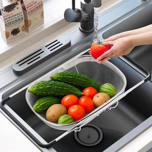 Fine Mesh Stainless Steel Over-the-Sink Colander with Expandable Grip Handles | Fruit & Vegetable Washing Basket | Kitchen Food Strainer – Silver