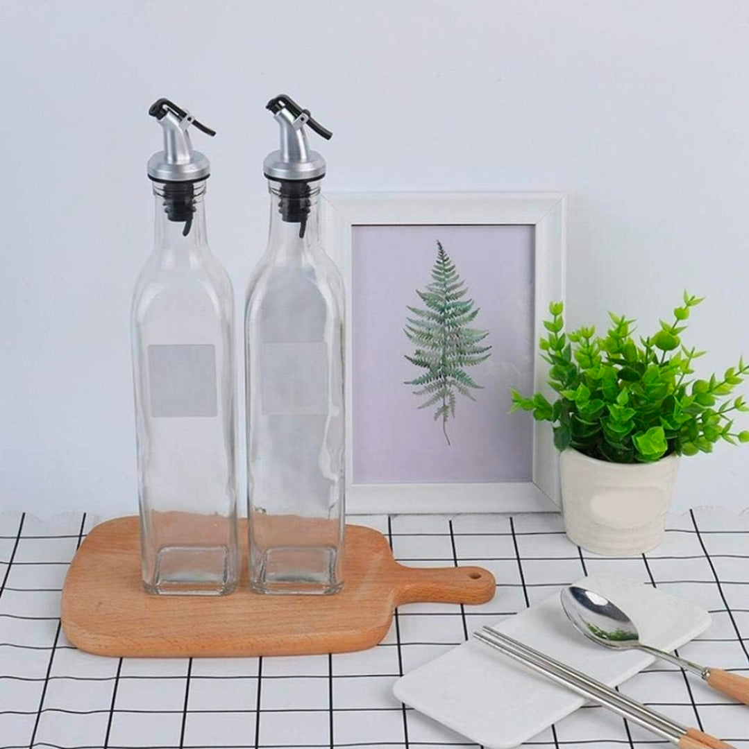 Glass Oil Dispenser Bottle Set (500 ml) with Funnel | Transparent Cooking Oil & Vinegar Pourer | Pack of 3 (2 Bottles + 1 Funnel)