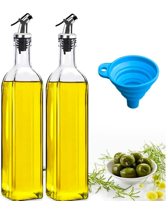 Glass Oil Dispenser Bottle Set (500 ml) with Funnel | Transparent Cooking Oil & Vinegar Pourer | Pack of 3 (2 Bottles + 1 Funnel)