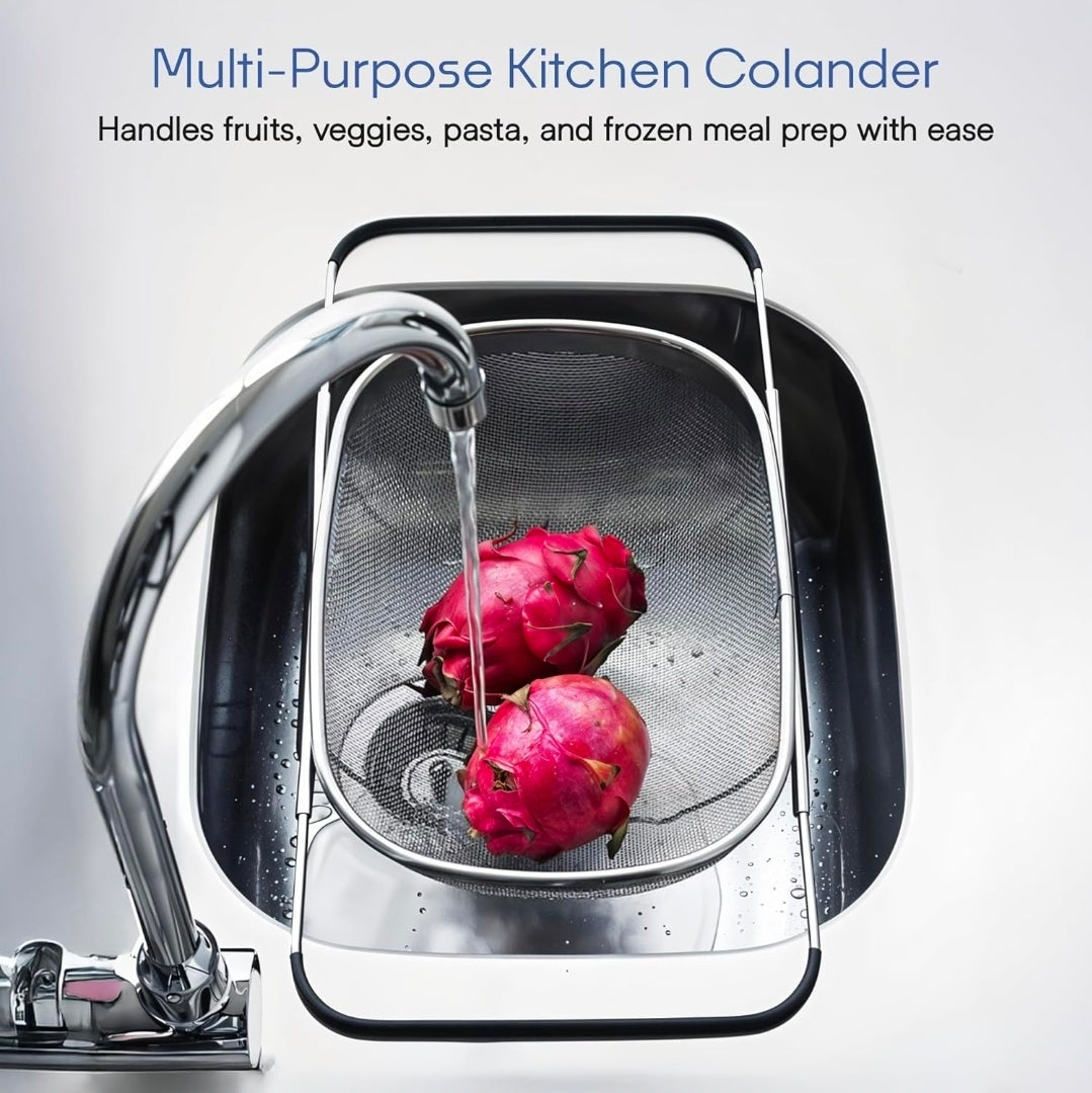 Fine Mesh Stainless Steel Over-the-Sink Colander with Expandable Grip Handles | Fruit & Vegetable Washing Basket | Kitchen Food Strainer – Silver