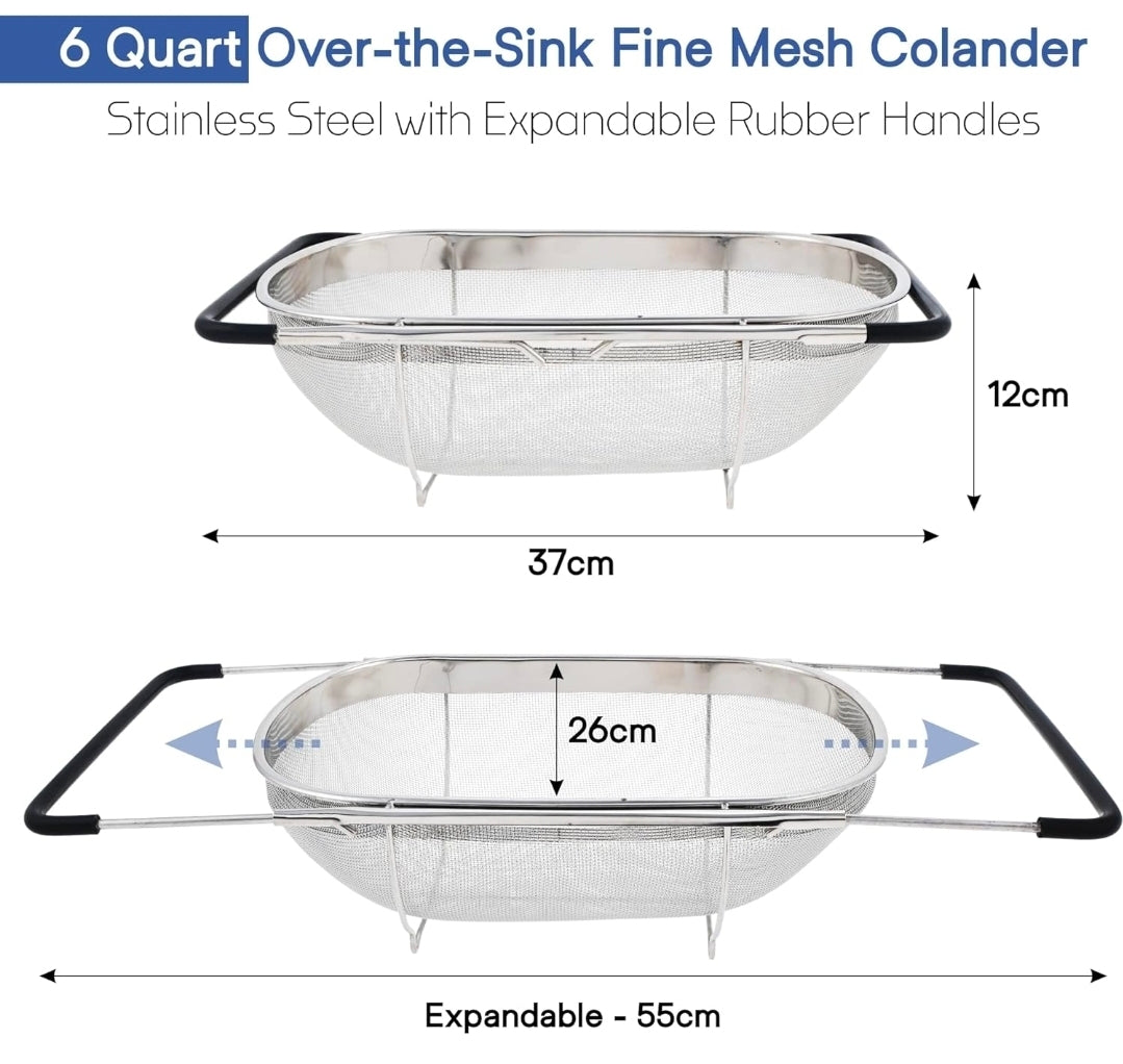 Fine Mesh Stainless Steel Over-the-Sink Colander with Expandable Grip Handles | Fruit & Vegetable Washing Basket | Kitchen Food Strainer – Silver
