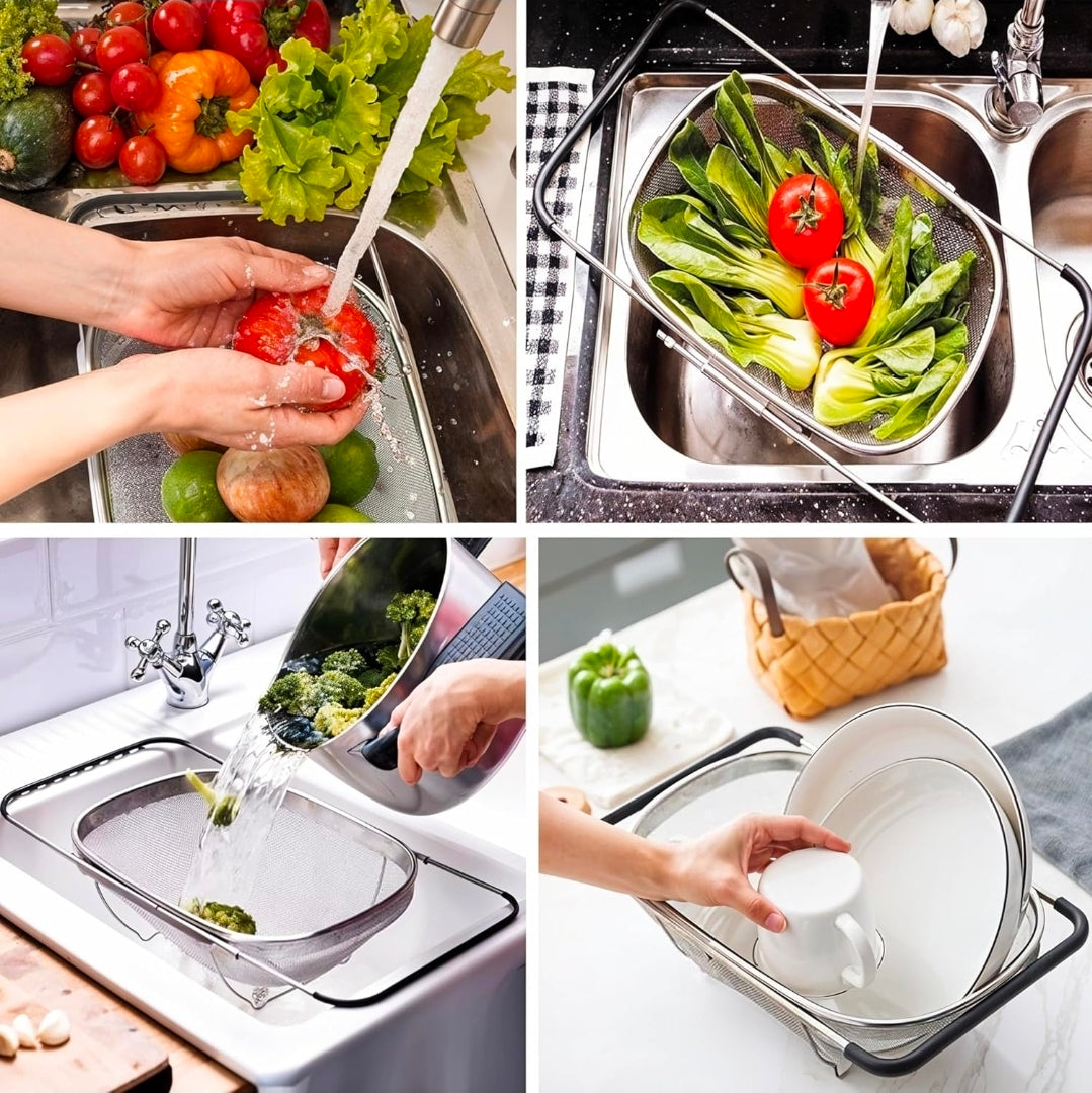 Fine Mesh Stainless Steel Over-the-Sink Colander with Expandable Grip Handles | Fruit & Vegetable Washing Basket | Kitchen Food Strainer – Silver