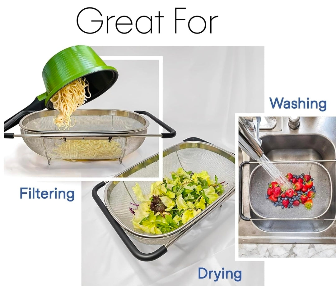 Fine Mesh Stainless Steel Over-the-Sink Colander with Expandable Grip Handles | Fruit & Vegetable Washing Basket | Kitchen Food Strainer – Silver