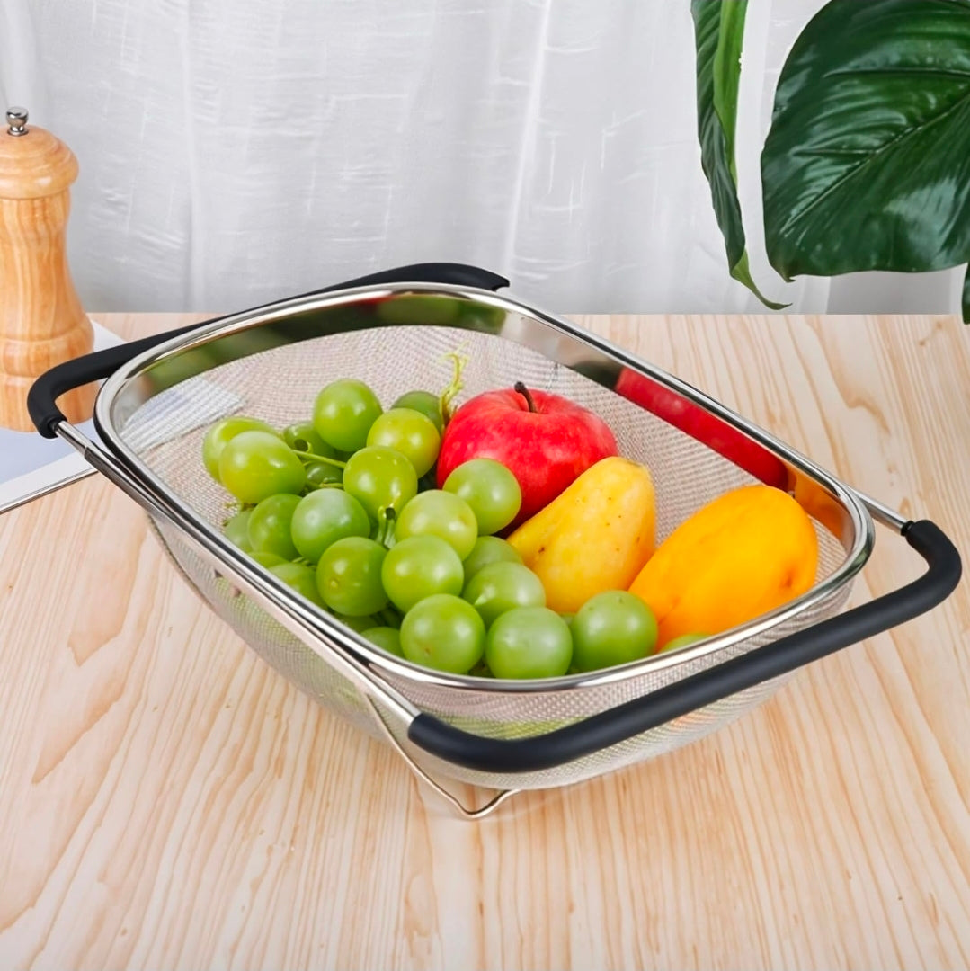 Fine Mesh Stainless Steel Over-the-Sink Colander with Expandable Grip Handles | Fruit & Vegetable Washing Basket | Kitchen Food Strainer – Silver